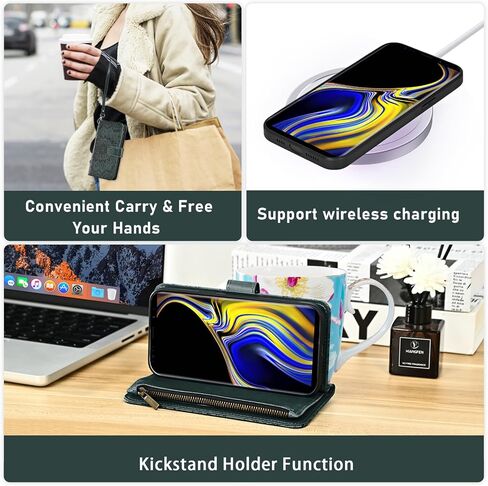 Asuwish Phone Case for Samsung Galaxy Note 9 Zipper Wallet Magnetic Detachable Cell Cover with Screen Protector Crossbody Lanyard Strap Flower Flip Card Holder Slot Note9 Not S9 Women Men Dark Green in Saudi Arabia
