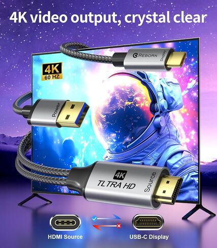 Reborn HDMI to USB C Cable Adapter [6FT 4K@60Hz], Uni-Directional HDMI (Source) to USB-C (Monitor) with USB Power for AR Glasses XREAL One、Air 2 Pro/VITURE Pro/RayNeo Air 2s,PS5,Portable Monitors in Saudi Arabia