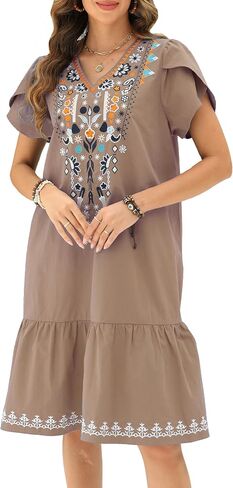 LauraKlein Summer Floral Embroidered Dress for Women Mexican Ruffled Sleeve Boho Women Dresses Peasant Casual Dress in Saudi Arabia