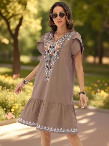 LauraKlein Summer Floral Embroidered Dress for Women Mexican Ruffled Sleeve Boho Women Dresses Peasant Casual Dress in Saudi Arabia
