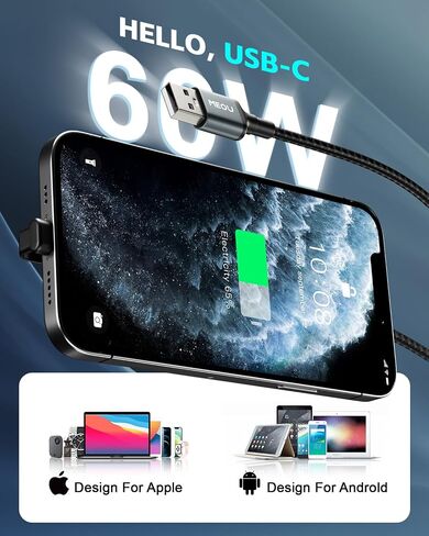 كابل USB إلى USB C 3.3 قدم ، 60W USB A إلى USB C كبل الشحن السريع ، الزاوية اليمنى USB C CORD NYLON من أجل iPhone 16/15 ، iPad Pro ، Samsung Galaxy S21/S22/S23/S24 ، Note 20 10 ، Pixel 8 ، Nintendo إلخ. in Kuwait
