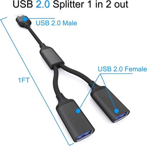 USB Splitter Cable 1 IN 2 OUT 1FT, USB 2.0 Male to Dual Female Extension Cord,Double Data+Charger Y Split Adapter USB Port Hub for Laptop,PC/Computer,Desktop,Keyboard/Mouse,LED,TV,Printer,Xbox/PS4/PS5 in Saudi Arabia