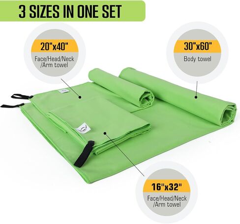 Microfiber Sports Towel, 3 Size in One Pack, Quick Dry,Soft,Highly-Absorbent,Lightweight,Easy-to-Carry, Perfect for Sports,Gym,Yoga,Beach,Swimming,Travel,Camping,Backpacking (Green) in Saudi Arabia
