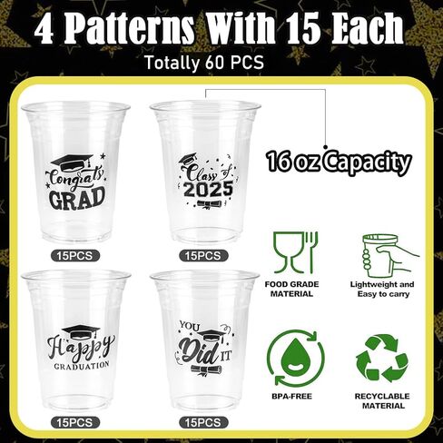 Graduation Cups, 16 oz Disposable Plastic Cup Class of 2025 Party Cups for Congrats Grad Graduation Party Supplies Tableware Decorations, 60 Pack(Blue) in Kuwait