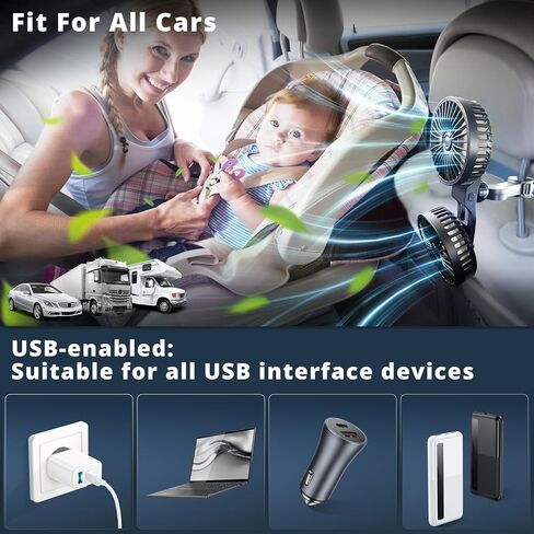 Car Fan for Backseat, Dual Head USB Auto Seat Fans, 3 Speeds Strong Wind 360° Rotatable Vehicle Rear Headrest Fan for Car, Air Circulation Car Fans with Adjustable Clip for All Vehicle Models in Saudi Arabia
