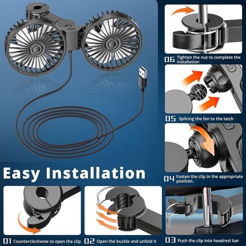 Car Fan for Backseat, Dual Head USB Auto Seat Fans, 3 Speeds Strong Wind 360° Rotatable Vehicle Rear Headrest Fan for Car, Air Circulation Car Fans with Adjustable Clip for All Vehicle Models in Saudi Arabia