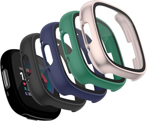 Vancle Case for Fitbit Versa 4 / Fitbit Sense 2, 4-Pack Screen Protector Tempered Glass Full Around Hard PC Case with Sensitive Touch Film Protective for Fitbit Sense 2 / Versa 4(Black + Starlight + Navy Blue + Dark Green) in Kuwait