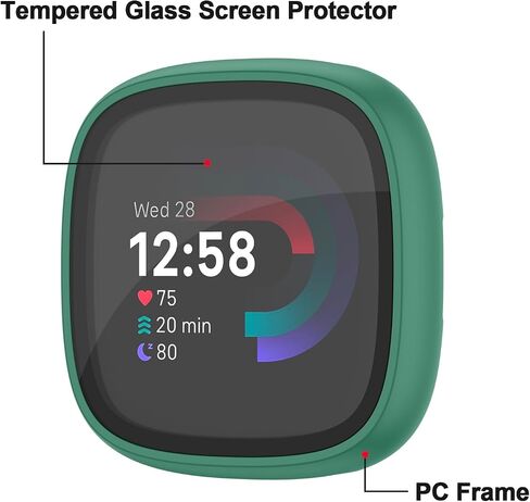 Vancle Case for Fitbit Versa 4 / Fitbit Sense 2, 4-Pack Screen Protector Tempered Glass Full Around Hard PC Case with Sensitive Touch Film Protective for Fitbit Sense 2 / Versa 4(Black + Starlight + Navy Blue + Dark Green) in Kuwait