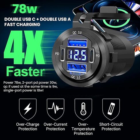 Upgraded 12V USB Charger with 4 Ports - Aluminum Alloy Car Outlet with LED Voltmeter for Cars, Golf Carts, Boats, RVs, Trucks, and Motorcycles (Pack of 1) in Saudi Arabia