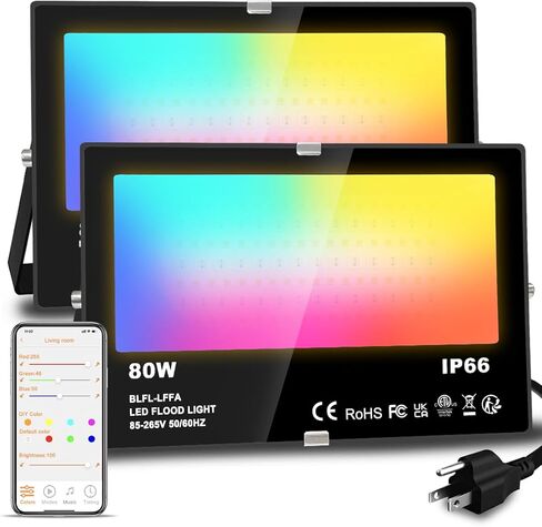 LED Flood Light Outdoor 800W Equivalent 8000LM Smart RGB Landscape Lighting with APP Control, DIY Scenes - Timing - 5700K Daylight White - Color Changing Uplight, IP66 Waterproof US Plug MELPO(2Pack) in Kuwait