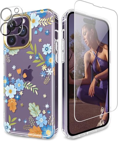 JIAXIUFEN Designed for iPhone 14 Pro Max Case with Screen Protector + Camera Lens Protector Glitter Plated Flower Shockproof Clear Floral Protective Women Girl Phone Cover, Blue Green in Kuwait