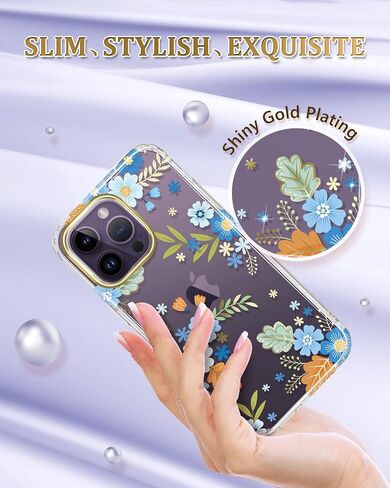 JIAXIUFEN Designed for iPhone 14 Pro Max Case with Screen Protector + Camera Lens Protector Glitter Plated Flower Shockproof Clear Floral Protective Women Girl Phone Cover, Blue Green in Kuwait
