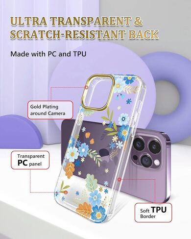 JIAXIUFEN Designed for iPhone 14 Pro Max Case with Screen Protector + Camera Lens Protector Glitter Plated Flower Shockproof Clear Floral Protective Women Girl Phone Cover, Blue Green in Kuwait