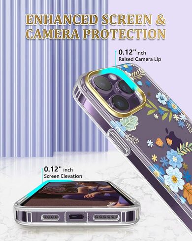 JIAXIUFEN Designed for iPhone 14 Pro Max Case with Screen Protector + Camera Lens Protector Glitter Plated Flower Shockproof Clear Floral Protective Women Girl Phone Cover, Blue Green in Kuwait