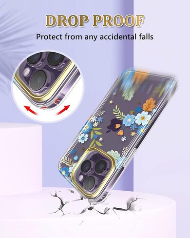 JIAXIUFEN Designed for iPhone 14 Pro Max Case with Screen Protector + Camera Lens Protector Glitter Plated Flower Shockproof Clear Floral Protective Women Girl Phone Cover, Blue Green in Kuwait