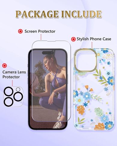 JIAXIUFEN Designed for iPhone 14 Pro Max Case with Screen Protector + Camera Lens Protector Glitter Plated Flower Shockproof Clear Floral Protective Women Girl Phone Cover, Blue Green in Kuwait