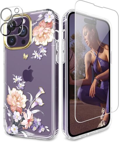 JIAXIUFEN Designed for iPhone 14 Pro Max Case with Screen Protector + Camera Lens Protector Glitter Plated Flower Shockproof Clear Floral Protective Women Girl Phone Cover, Blue Green in Kuwait