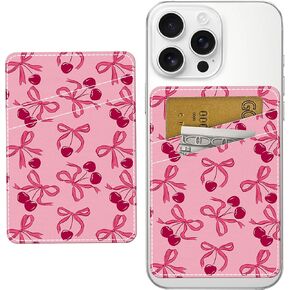 Phone Card Holder Leather, Dual Pocket Phone Wallet Adhesive Stick On, Cute Phone Case Credit Card Holder, Suitable for Most of Phones Pink Cherry Bow in Kuwait