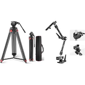 NEEWER TP37 Basic 74" Video Tripod, Metal Camera Tripod with Smooth Friction Damping, Mid Level Spreader, Quick Release Plate Compatible with Manfrotto 501, UA018 21" Magic Arm Kit Included