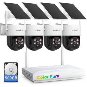 Solar Security Camera System Wireless Outdoor, 4pcs 2K Solar Powered Home Security Cameras, Full Color Night Vision, 360° Pan Tilt, Human Detection, 2.4G/5G WiFi 10CH NVR with 500G HDD