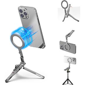 Magnetic Pocket Phone Tripod Aluminium Mini Desktop Foldable Magnetic Handheld Compatible for iPhone 16/15/14/13/12 Plus Pro Max,1/4" Tripod Phone Clamp Lightweight Travel