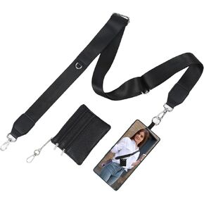 Clip and Go Phone Strap with Zipper Pouch- Stylish Adjustable Anti Theft Cellphone Lanyard Wrist Strap with Leather Wallet for All Phones (Black+Black)