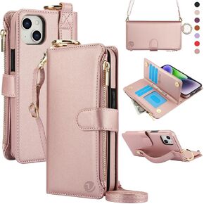 for iPhone 15 Plus and iPhone 14 Plus Case Wallet with RFID Blocking Card Holder and Shoulder Strap Wrist Strap, Stylish Ring Zipper Purse Case for iPhone 15 Plus and 14 Plus 6.7'', Red