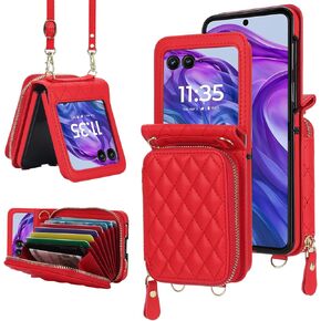 for Motorola Razr 2024 Wallet Case with Crossbody Strap, [RFID Blocking] Large Capacity Card Slot Case Women Girls Premium Leather Zipper Wrist Strap Flip Cover for Motorola Razr 50 2024 Black