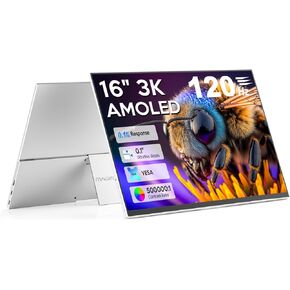 16" OLED Portable Monitor, 3K 2880x1800 120Hz 0.1ms USB-C HDMI OLED Monitor with Ultra-Thin Bezels 120% DCI-P3 Kickstand Speakers VESA for Laptop Mini PC Windows Mac Phone PS4 PS5 Switch, Silver