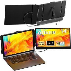 Laptop Triple Screen Extender - 14" Monitor IPS FHD 1080P HDMI USB-C Detachable Portable Display for 12-17.3 Inch Laptops Compatible with Windows Mac Chrome Surface Metal Base Travel Work Setup