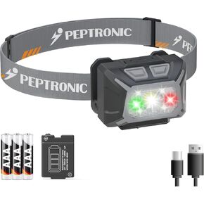 Rechargeable Headlamp with Dual Power Battery Powered (Included), LED Waterproof Adjustable Head Lamp, 6 Modes White Red Green Light for Outdoor Camping Running Hiking Fishing