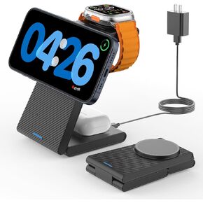 GEEKERA 3 in 1 Wireless Charging Station for Magsafe, Foldable Magnetic Wireless Charger Stand for Multiple Devices, Wireless Charger for iPhone 16/15/14/13/12 Pro Max, Apple Watch, AirPods 4/3/2/Pro