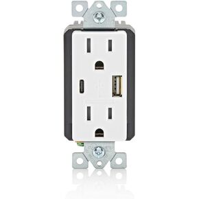 Leviton T5638 18W USB Type-A/C in-Wall Charger with 15A Outlet, USB Charger for Smartphones, White