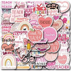 Teacher Stickers 55 Pcs, Pink Teacher Appreciation Gifts in Bulk, Vinyl Waterproof Teacher Stickers for Water Bottles Laptop Planner Notebook