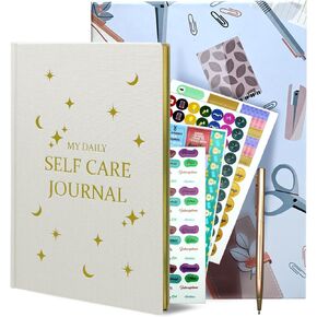 5 Minute Gratitude Journal, Daily Mindfulness & Positivity Prompts with Self Reflection - Happiness Tracker, Self Care Guided Journal for Women & Men, Includes Stickers & Pencil, Beige