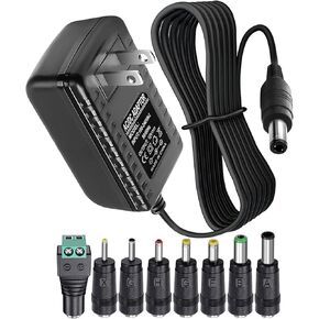 12V 2A 1A Power Supply AC Adapter with 8 Tips, Regulated 12 Volts 2000mA Replacement Charger Cord Cable for LED Strip Light, CCTV Camera, BT Speaker, GPS, Webcam, Router, DC 12V Converter (6ft)