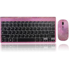 Bling Wireless Keyboard and Mouse Combo Sparkly, Rhinestone Glitter Computer Keyboard Wireless with USB Receiver for Girls, Bedazzled Cute Mice for Laptop, PC, Notebook, MacBook Gift - AB White