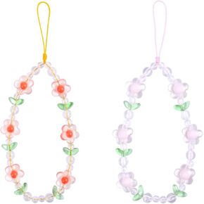 2 Pcs Flower Phone Charm, Cute Phone Charm Beaded Phone Wrist Strap Aesthetic Phone Keychain Pink Phone Charms Strap Phone Charm Wrist Strap for Women Girls (2 Colors)