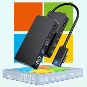 11 in 1 Surface Pro Docking Station, Microsoft Surface Dock Dual Displays 4K@60HZ HDMI+VGA, MS Card Reader for Microsoft Surface Pro 11/10/9/8/X/7/6/5/4, Surface Laptop Go/7/6/5/4/3/2/1 Surface Book