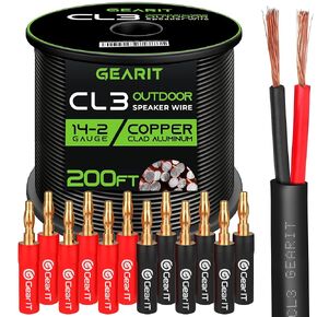 GearIT 200ft 14ga CL3 Black Speaker Wire & 12 Banana Plug