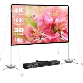 شاشة العرض مع حامل 120 بوصة: شاشة إسقاط قابلة للطي ومحمولة 16: 9 كيلو 4K HD شاشة فيلم خفيفة الوزن خالية من التجاعيد مع Carry Baghome Theatre Cinema