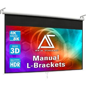 Akia Screens 110 inch Projector Screen Pull Down 16:9 Manual, Ceiling Mount or Wall Mount Retractable Projection Screen with 10 inch Bracket White, AK-M110H1 and AK-ZLB10W