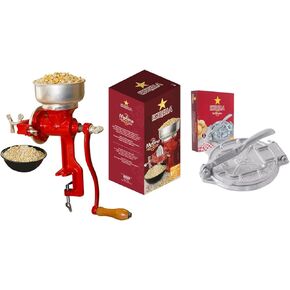 Estrella Cast Iron Manual Crank Corr Corn Grain Clrender + Estrella 7.5 Inch Cash Iror Tortilla Press and Tostonera ، مثالي للطعام المكسيكي