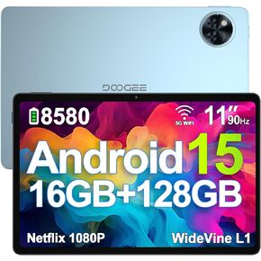 DOOGEE Android 15 Tablet, 11 inch Android Tablet 16GB+128GB/2TB TF Octa-Core,90Hz Display, 8580mAh, Netflix 1080P,Bluetooth 5.0+5G WiFi, 13MP+5MP, Face ID,Metal Body-Black