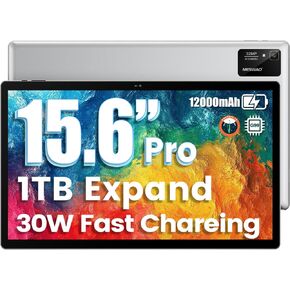 15.6 Inch Pro Tablet Android 14 Large Tablets 2025 Helio G99 Octa-Core 6GB+128GB, 1TB Expandable, 12000mAh 30W Fast Charge, WiFi 5, 5MP+32MP Camera, FHD Display for Reading/Video/Kitchen, Silver