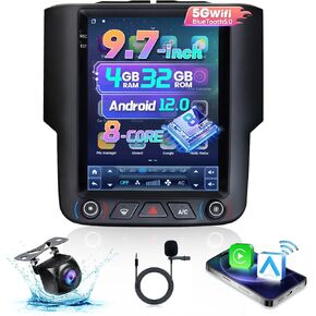8 Core 9.7 Inch 5Ghz WiFi Car Radio for Dodge Ram 1500 2500 3500 2013-2018 for Manual AC,Vertical T-Style Screen Stereo Headunit Carplay Android Auto GPS BT FM/RDS SWC Backup Camera 4+32G