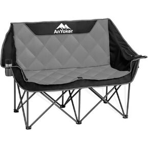 Camping Oversized Folding Chair, Fully Padded Loveseat for 2 Person Portable Double Chair Camp Beach Arm Chair with Cup Holder and Cooler Pouch Camping Couch with Carry Bag（Black-Grey）