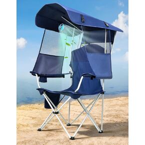 Beach Chair with Canopy Shade and Fan – 360° Rotatable & 3-Speed Airflow, Camping Chair with Canopy and Powerful & Quiet Fan, Cup Holder, Side Pocket – Supports 330 LBS
