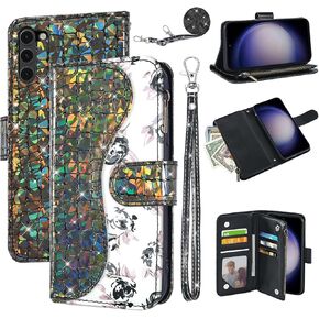 Floral Wallet Case for Samsung Galaxy S21 Ultra 5G with Wrist Strap Shoulder Strap Flip Zipper Purse Card Holder, Stand Sparkly Glitter Cell Phone Cover for S21ultra 21S S 21 21ultra G5 Purple