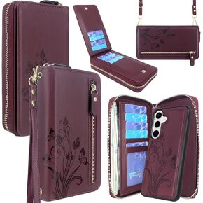 Lacass for Samsung Galaxy S25+ Plus Wallet Case,Crossbody Dual Zipper Detachable Magnetic Leather Wallet Case Cover Wristlets Wrist Strap 13 Card Slots Money Pocket(Floral Dark Purple)